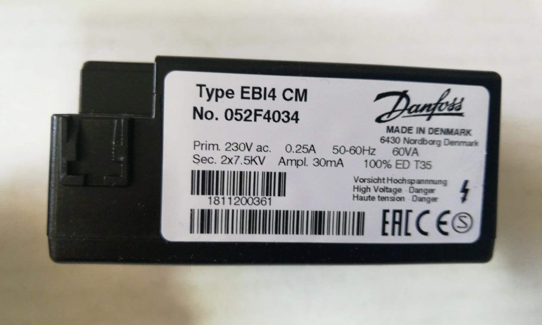danfoss ignition transformer type ebi4 cm no.052f4034 prim.230vac 0.25a 50 60hz 60va made in denmark danfoss ignition transformer type ebi4 cm no.052f4034 prim.230vac 0.25a 50 60hz 60va made in denmark